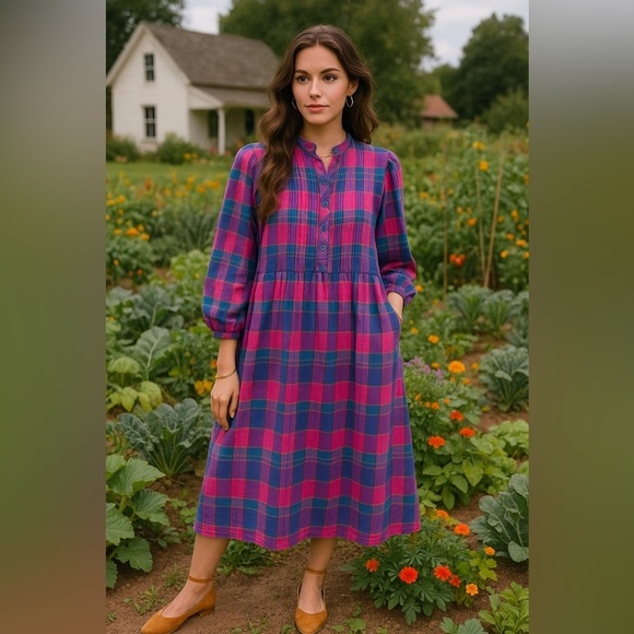 Vintage Dresses & Skirts - Matti Sport Vintage 1980s Cottagecore Midi Dress Flannel Plaid Puff Sleeve Sz 8